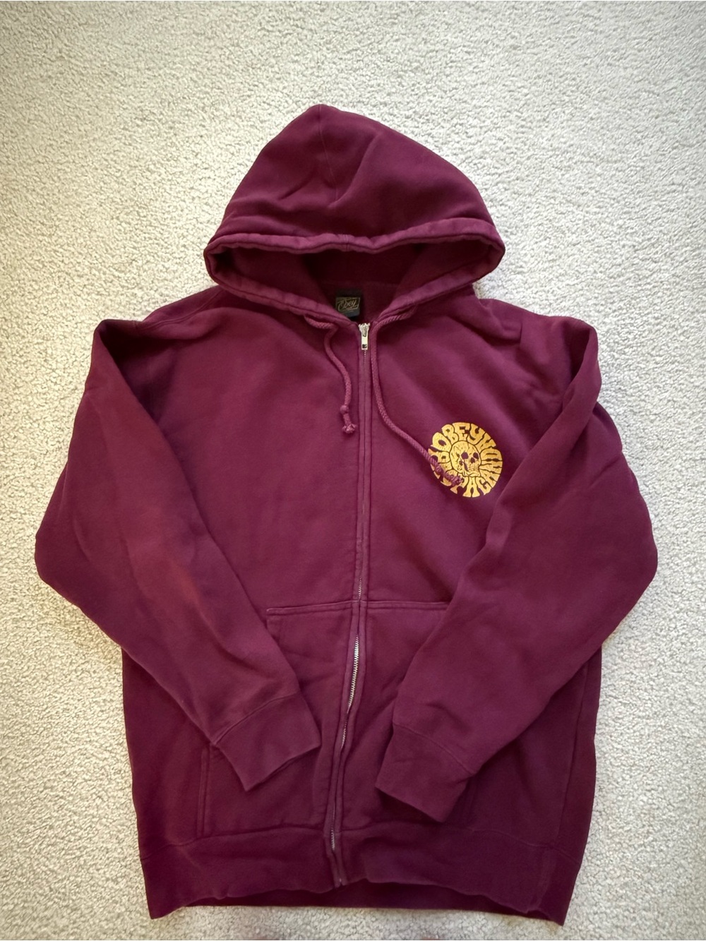 OBEY Full Zip Hoodie – Size L – Burgundy – Skull Propaganda Graphic